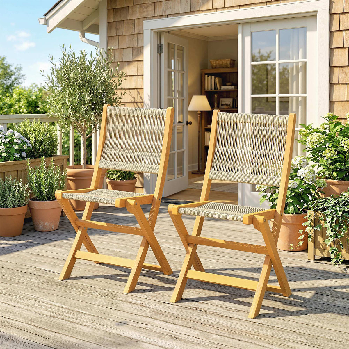 Lot de 2 Chaises de Jardin Pliantes Chaises de Balcon en Bois d'Acacia Assise en Corde Tressée Naturel et Beige