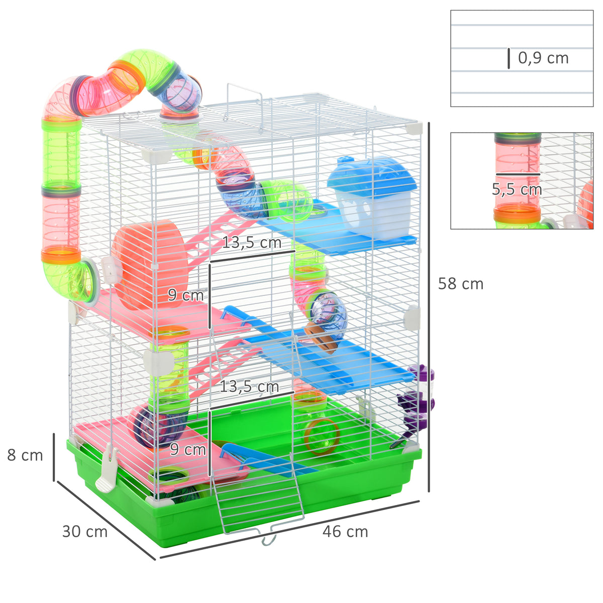 Cage pour hamster et gerbille à 5 étages, habitat sécurisé en grillage métallique avec tunnels, roue, maison et échelles, 46 x 30 x 58 cm, vert
