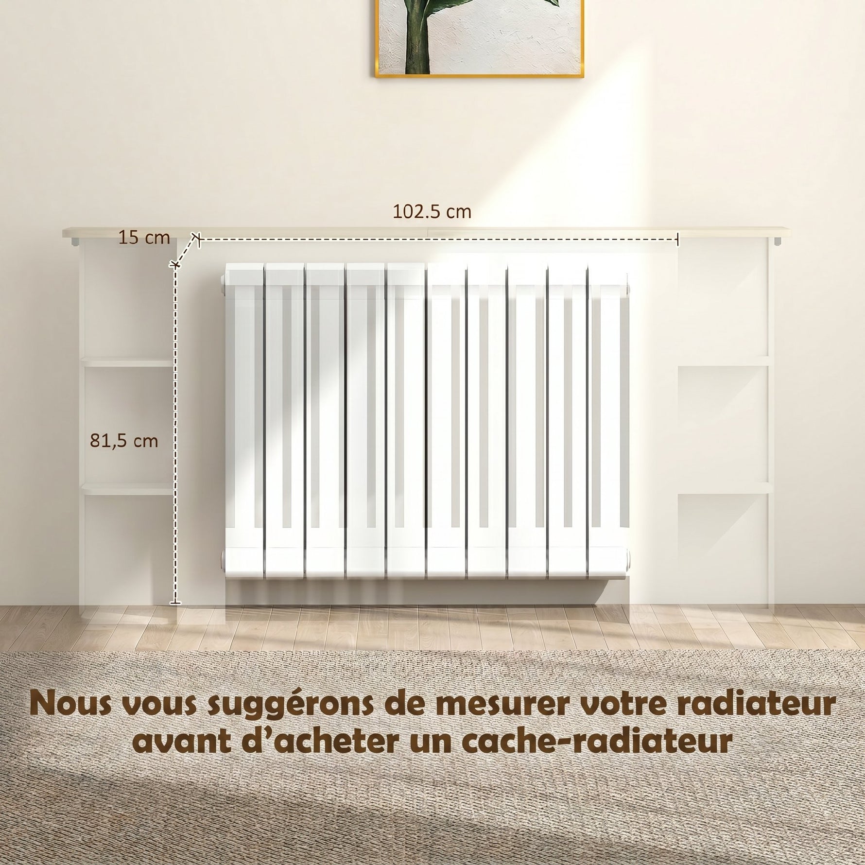 Cache-radiateur avec étagères de rangement ouvertes, couvercle de radiateur en bois à lattes, 152x19x83cm, blanc