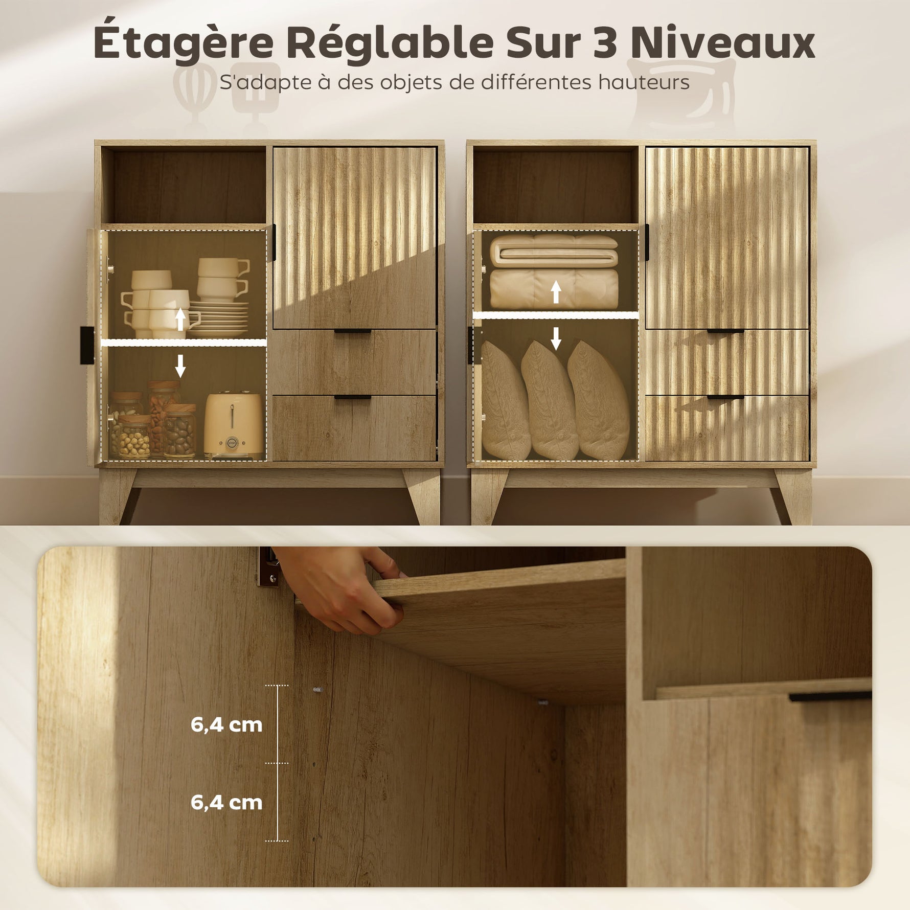 Buffet salon, meuble de rangement, 2 portes, 2 tiroirs, étagère réglable, compartiment ouvert, 80x40x90cm, bois naturel