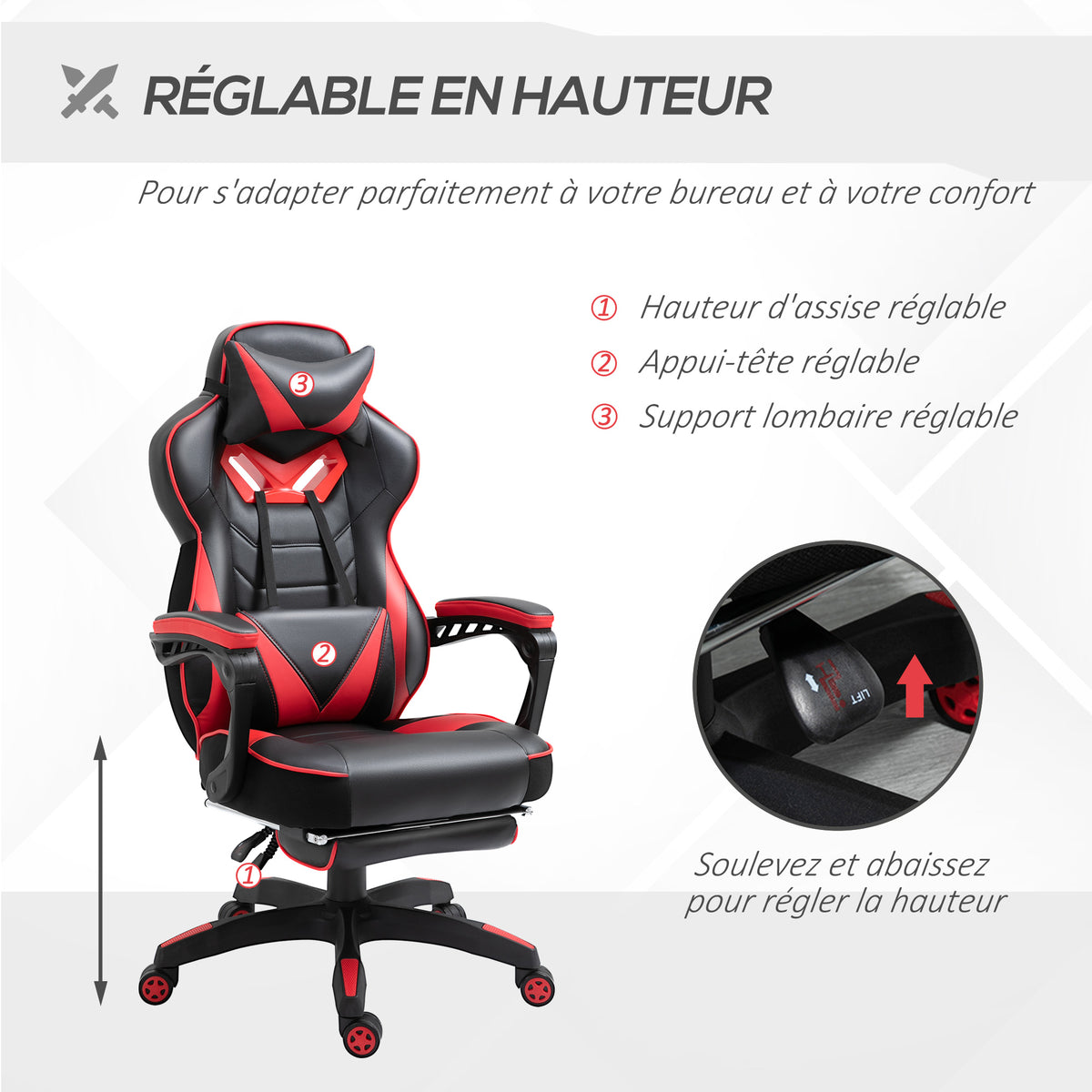 Chaise gaming Ergonomique, Fauteuil de Bureau confortable avec Repose-Pied, Appuie-Tête et coussin lombaire, Hauteur Réglable, noir et rouge