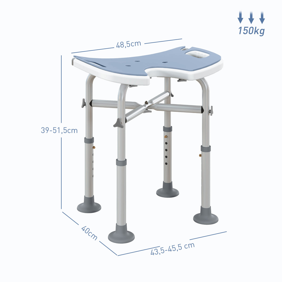 Taburete de ducha, altura ajustable de 39 a 51,5 cm, barra de apoyo con ventosa, patas con ventosas, azul claro