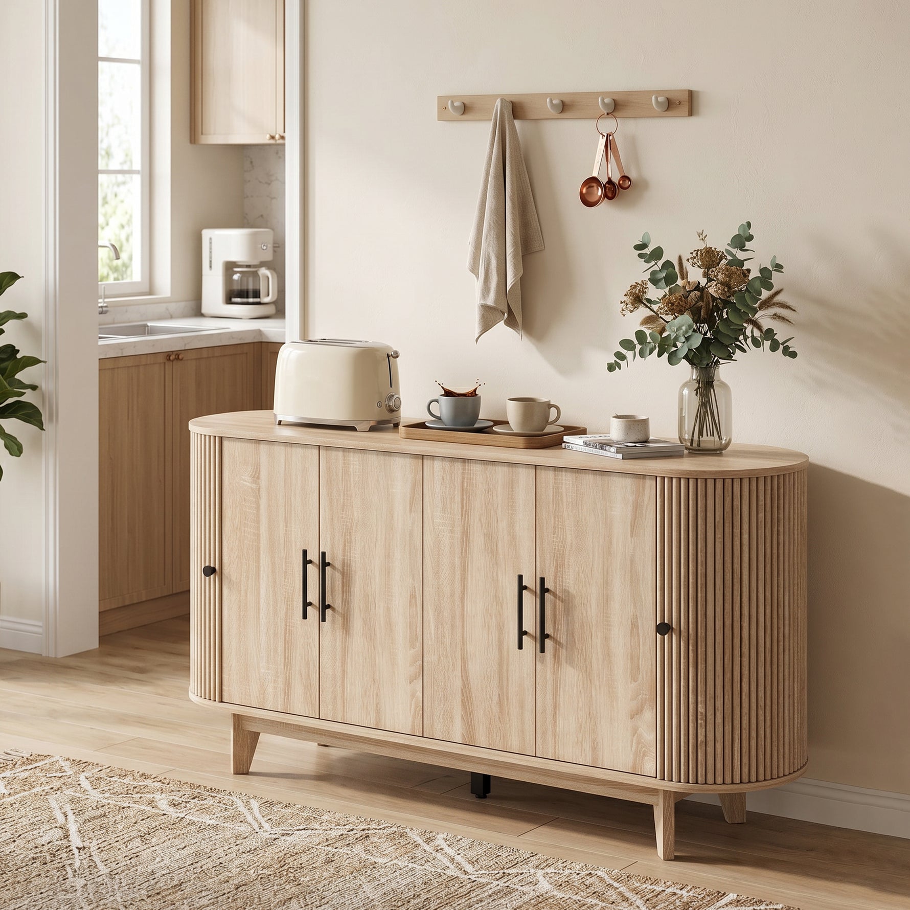Buffet salon, meuble de rangement ovale avec 6 portes et 2 étagères réglables, 147x40x76cm, chêne