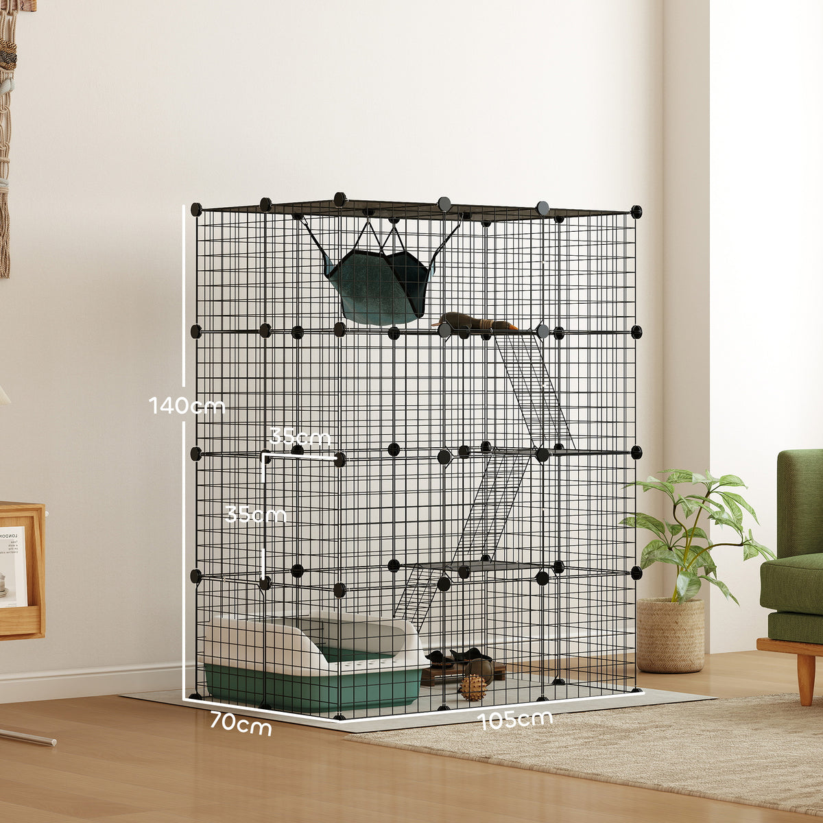 Indoor-Katzenkäfig, 4-stöckiger DIY-Katzenlaufstall aus Stahl mit 5 Türen und Hängematte, für 1-3 Katzen, 105 x 70 x 140 cm, Schwarz