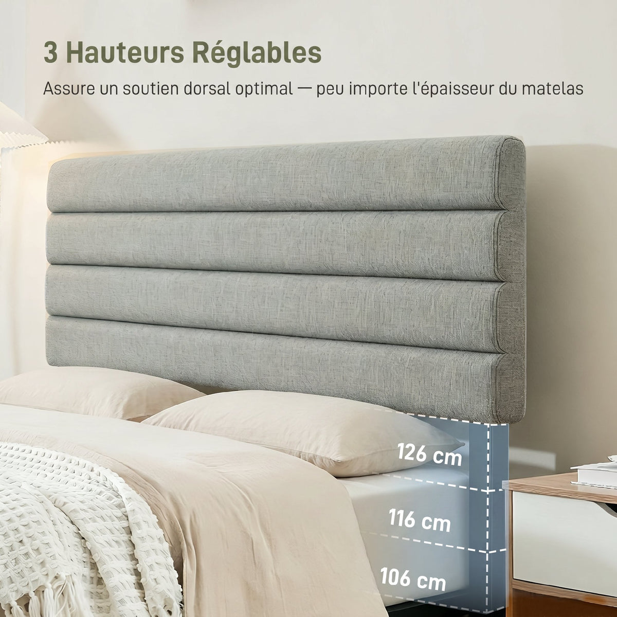 Tête de Lit Capitonnée, Hauteur Ajustable en 3 Niveaux avec Pieds en Métal pour Chambre, 140 x 10 x 106/116/126 cm, Gris