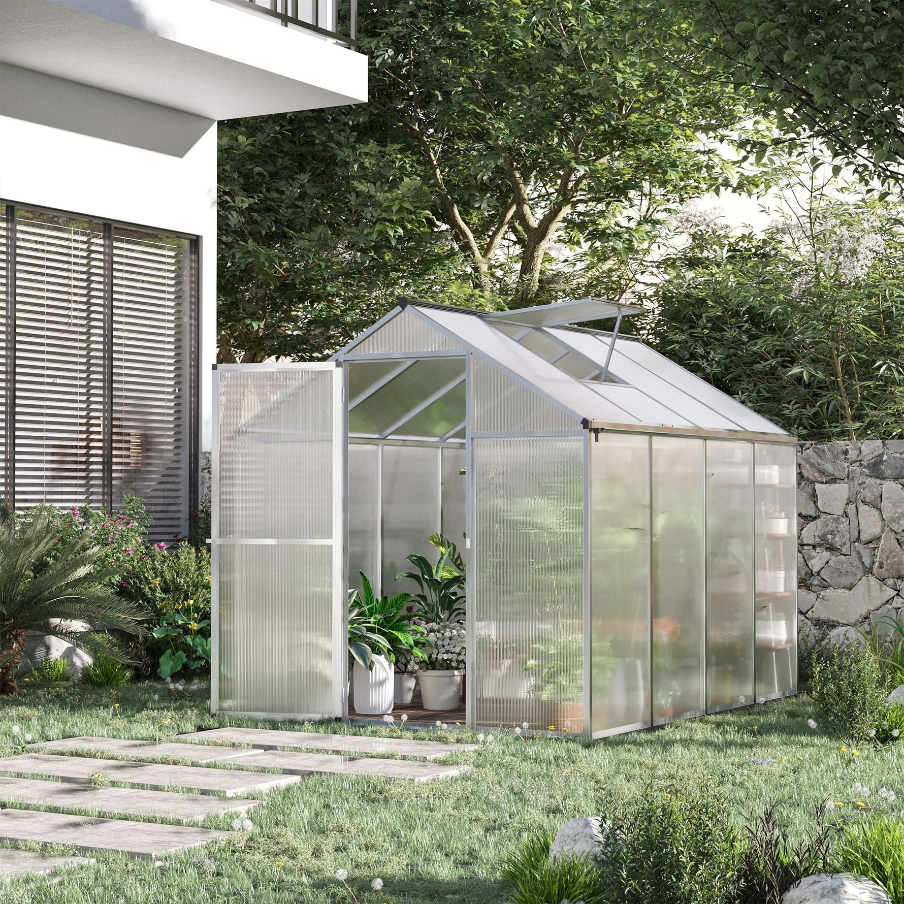 Serre de jardin en aluminium polycarbonate, serre avec fenêtres supérieures réglables, porte battante, abri extérieur résistant aux intempéries pour plante fleur, 242x190x195 cm, transparent