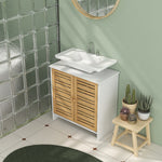 Meuble sous vasque de salle de bain 2 portes étagère réglable armoire de rangement pour lavabo 60x30x60 cm bambou blanc