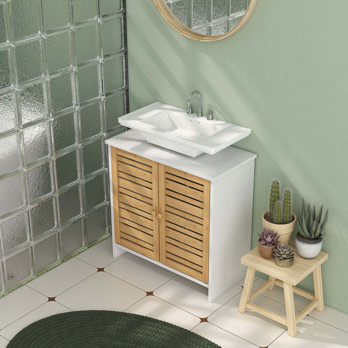 Meuble sous vasque de salle de bain 2 portes étagère réglable armoire de rangement pour lavabo 60x30x60 cm bambou blanc