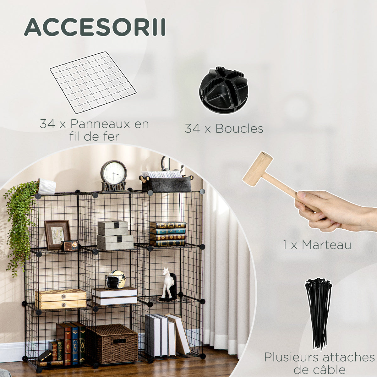 Étagère cube modulable DIY avec 9 compartiments en treillis métallique pour salon, chambre à coucher, noir