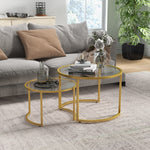 Lot de 2 tables basses gigognes rondes plateau verre trempé et pied en acier au carbone doré