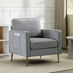 Fauteuil en tissu avec pieds en acier doré, grand confort, pochettes latérales, pour salon, bureau, chambre, gris