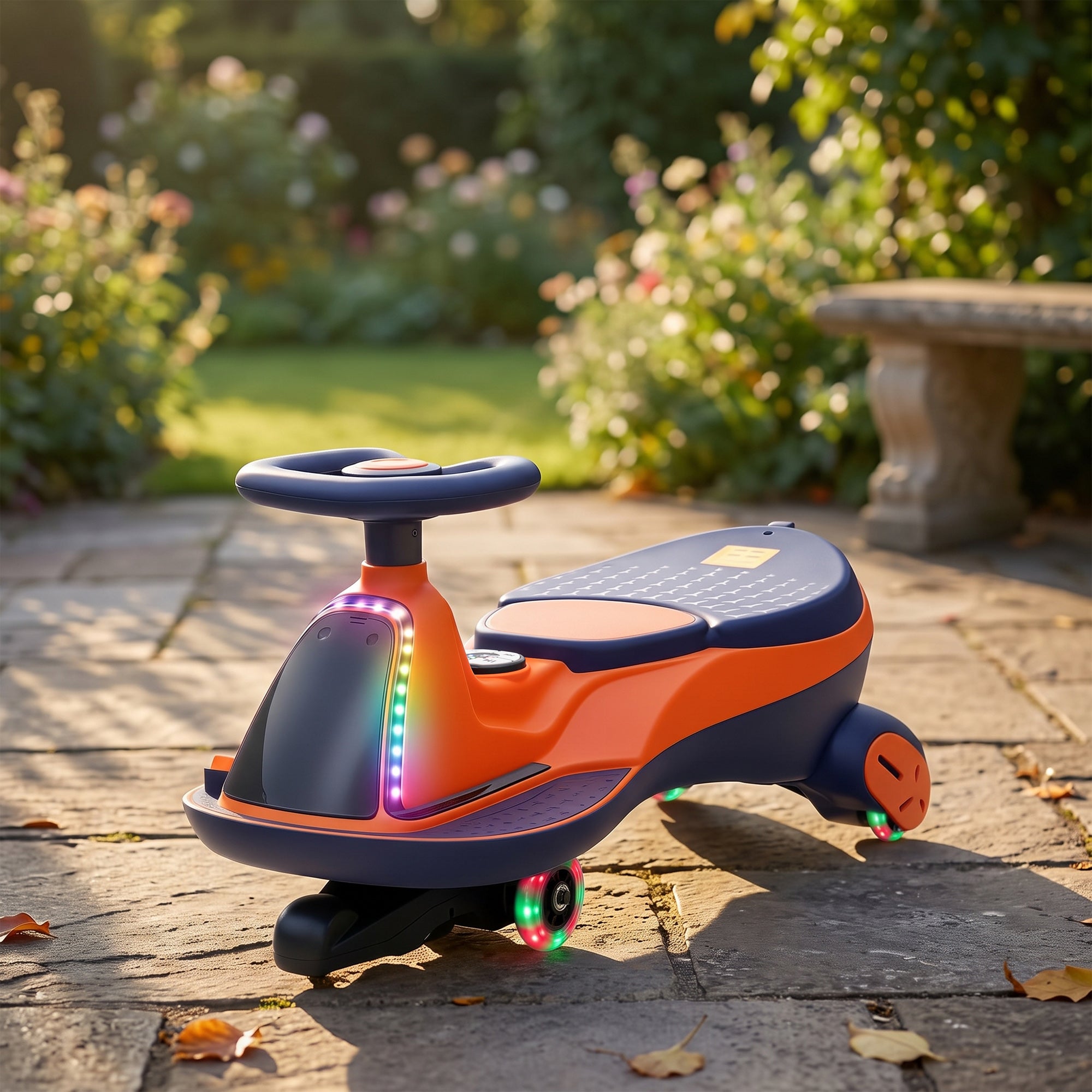 Elektrisches Kinderauto 12 V, Elektrofahrzeug für Kinder mit Lithiumbatterie, RGB-Beleuchtung, Leuchträdern, orangefarben
