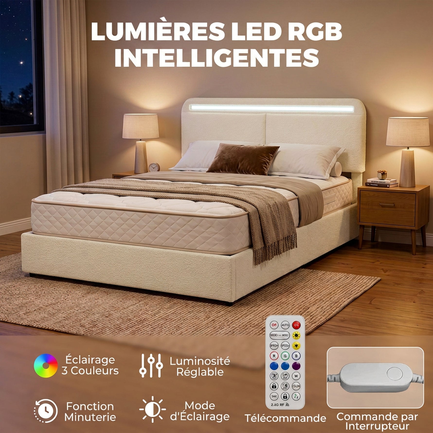 Lit Coffre 160 x 200 cm, LED RGB, Tête Réglable, Cadre de Lit Double Rembourré Velours, Rangement Hydraulique, Crème