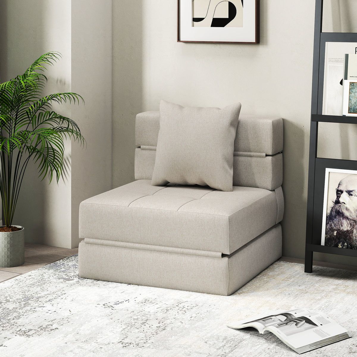 Chauffeuse canapé-lit convertible fauteuil 1 place avec 1 coussin déhoussable, tissu beige