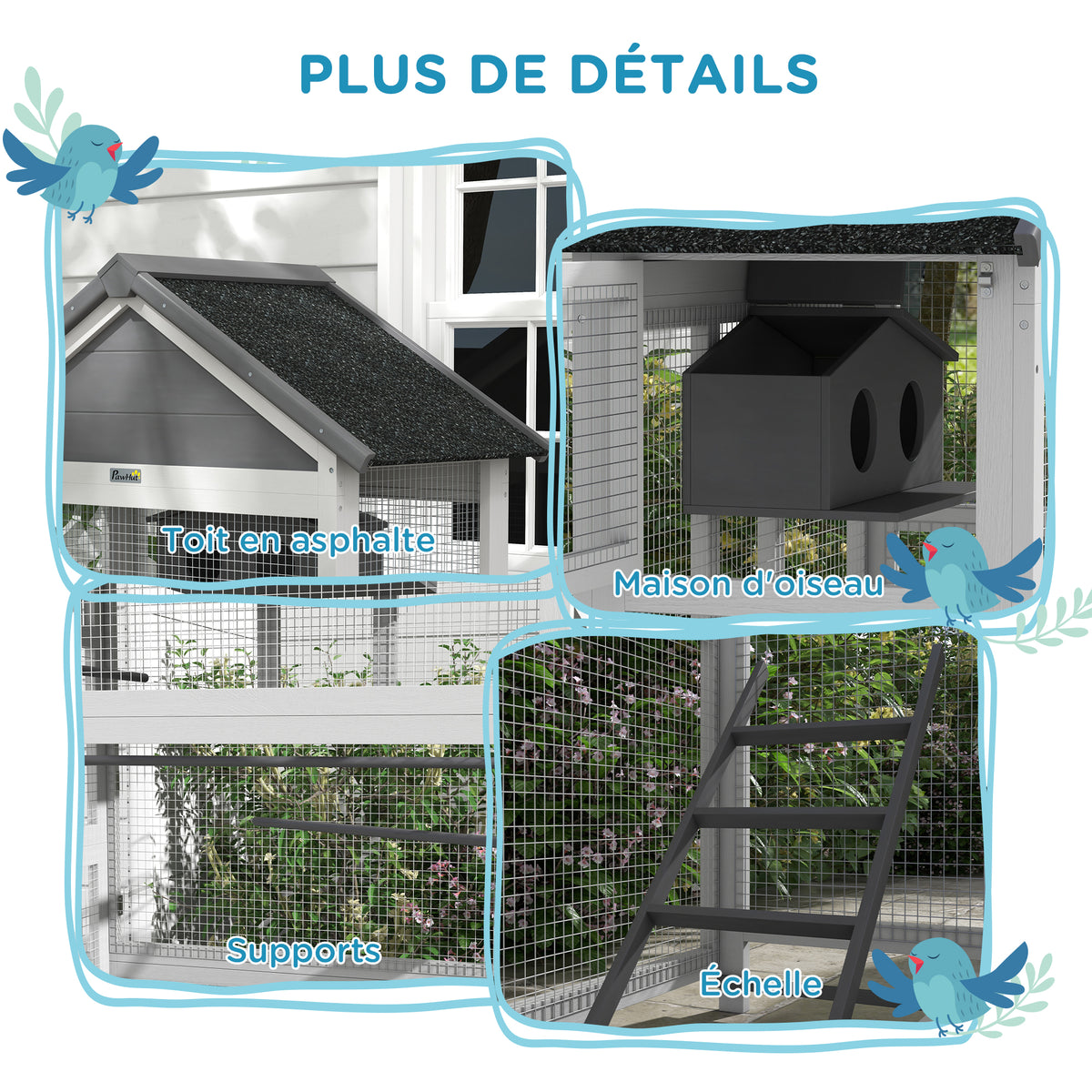 Houten vogelkooi papegaaienkooi speelplaats waterdicht asfalt dak 92 x 52 x 171 cm grijs