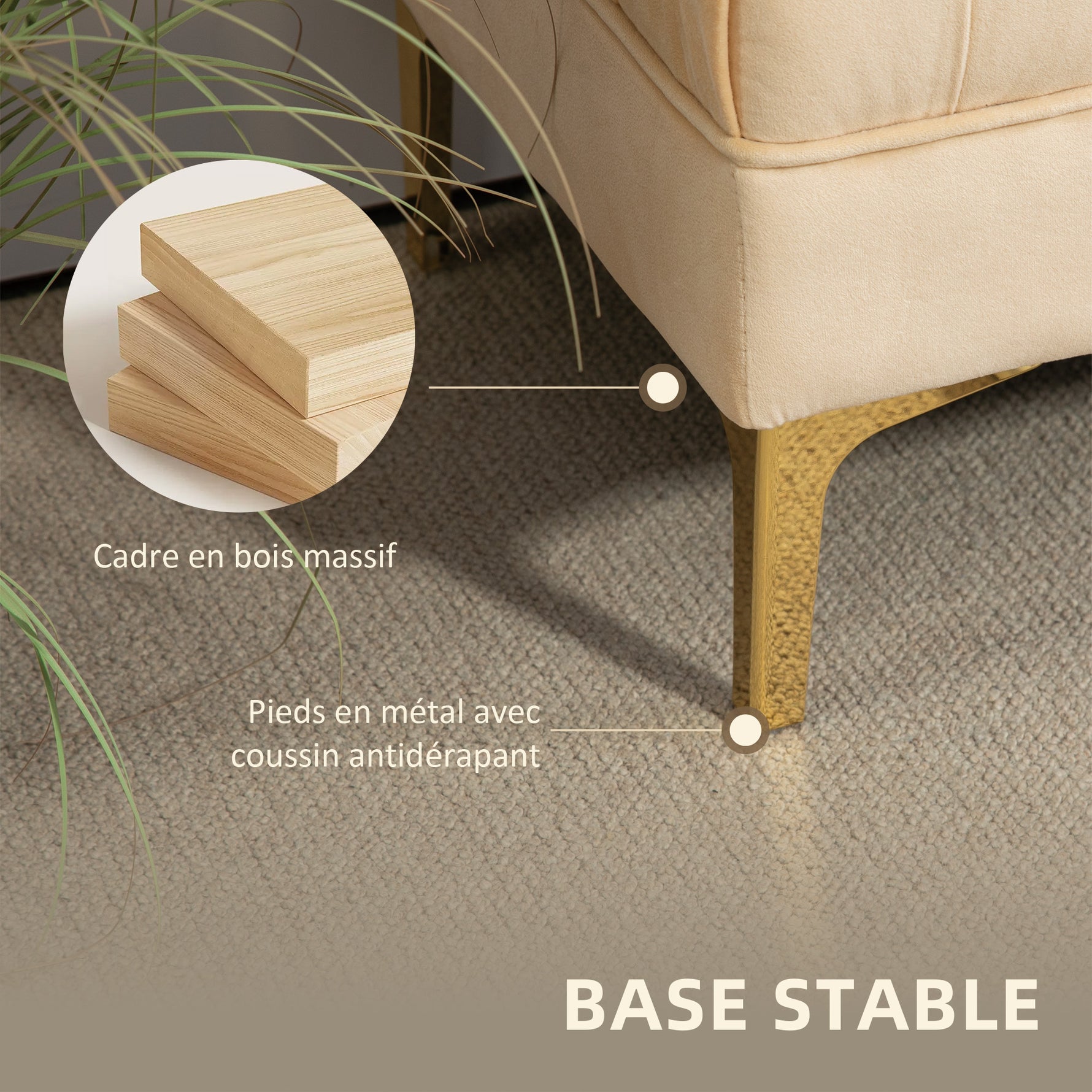 Banc banquette capitonnée bout de lit style classique chic dim. 118L x 45l x 42H cm piètement métal doré velours beige