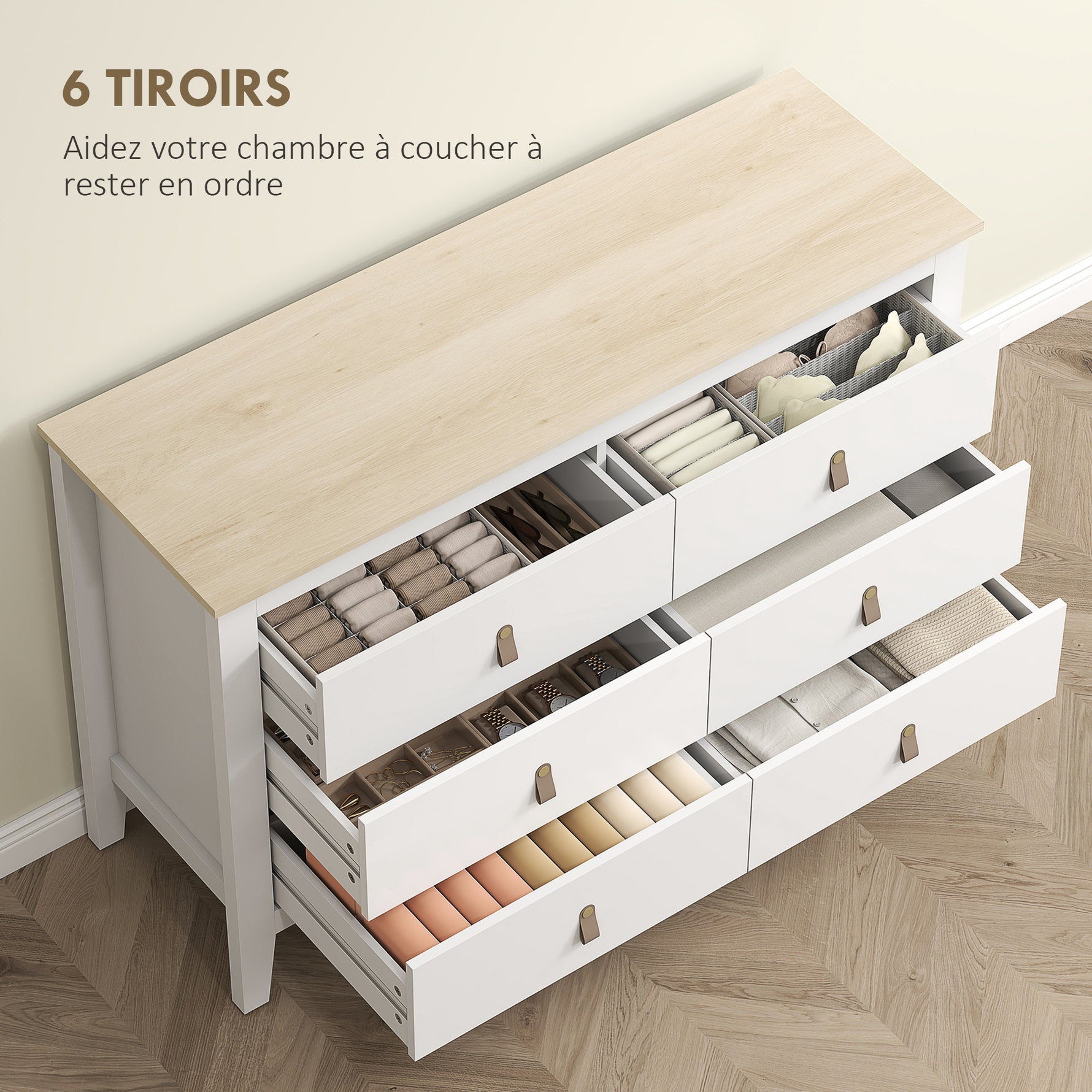 Commode 6 tiroirs meuble de rangement style contemporain avec poignées en polyuréthane, 120 x 40 x 78 cm, blanc