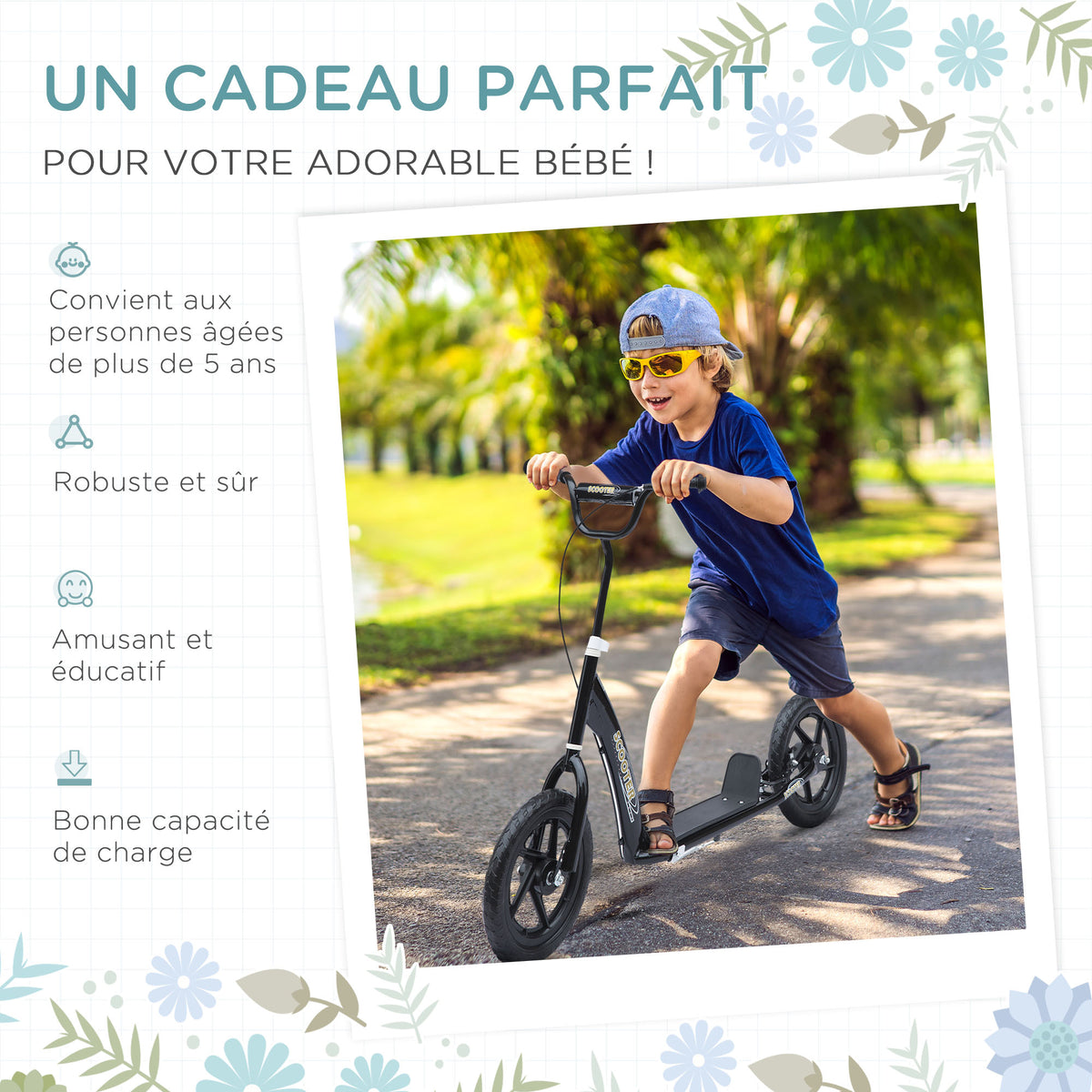Trottinette enfant patinette pneus 30 cm Hauteur Guidon réglable poignée Frein et béquille Acier pour enfants à partir de 5 ans Noir