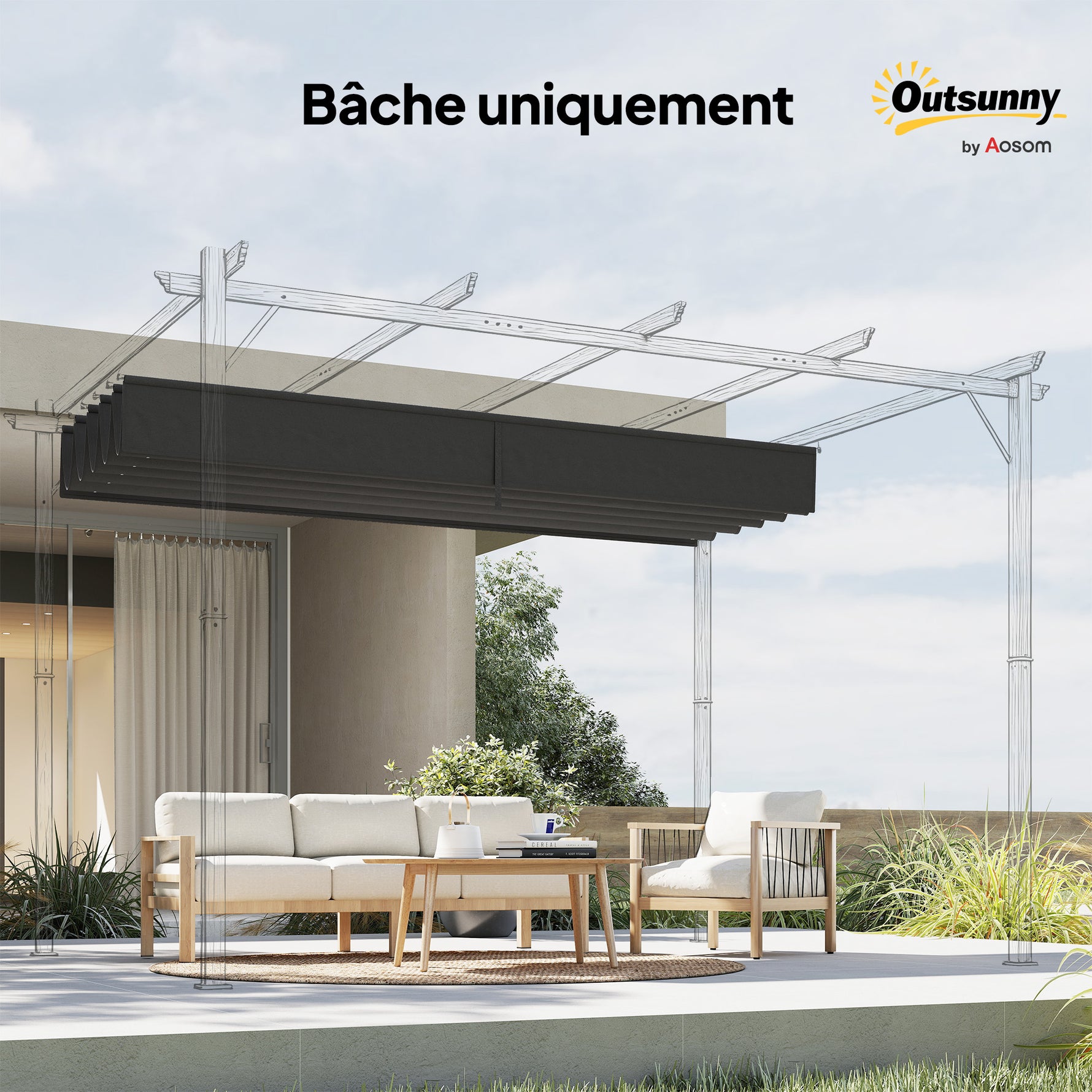 Toile de toit pour pergola tonnelle rétractable de 3 x 3 m - toile uniquement 250 x 255 cm gris foncé