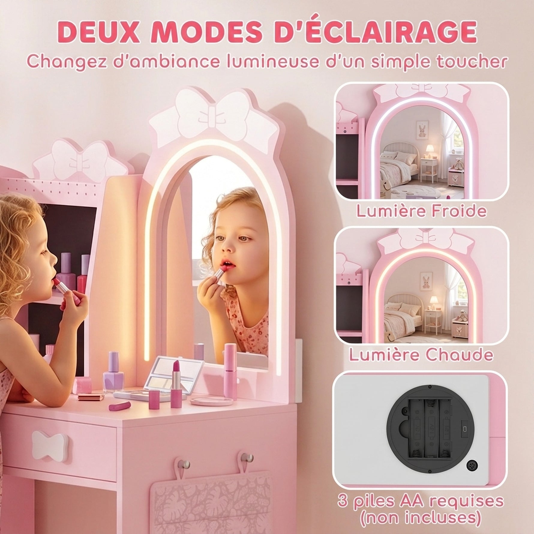 Coiffeuse pour Enfants avec Tabouret et Miroir Lumineux à 2 Couleurs en Acrylique, Coiffeuse Bureau Fille 3-8 Ans, Rose