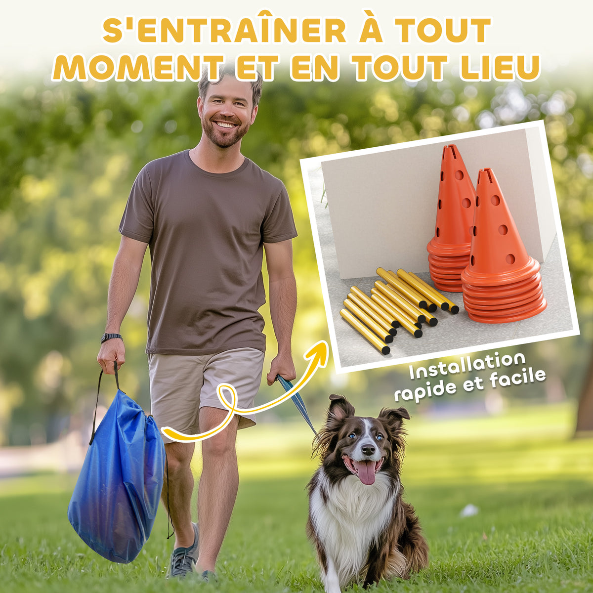 Ensemble d'Agilité pour Chien 6 Pièce, Parcours d'Obstacle hauteur réglable avec Sac de Transport, Orange