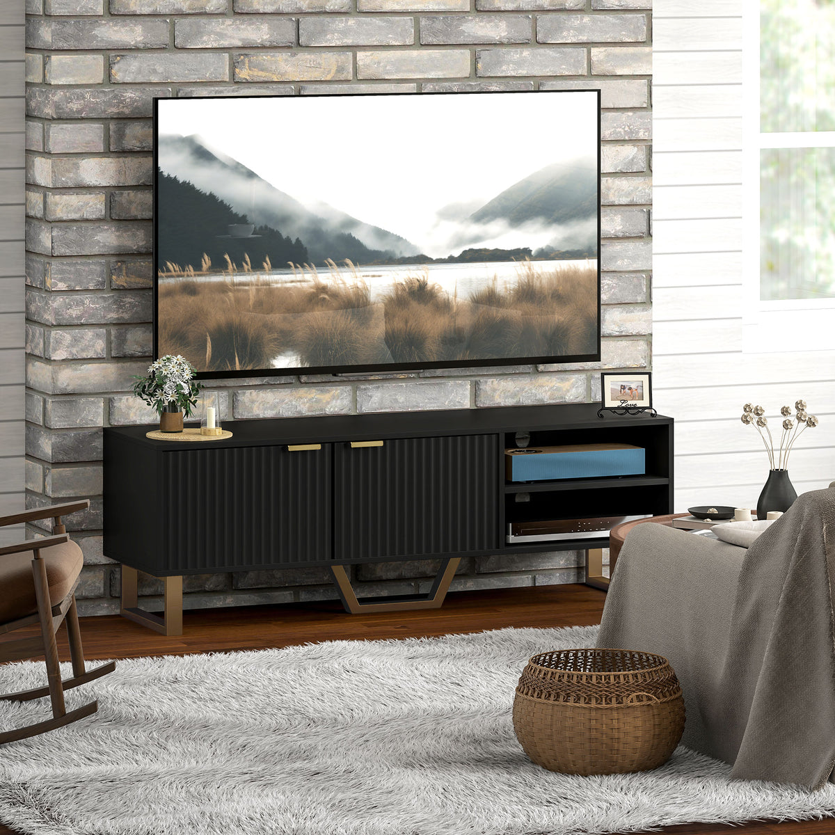 Meuble TV banc TV pour téléviseur jusqu'à 70 pouces - placard à 2 portes cannelées, compartiment ouvert et passe-câbles