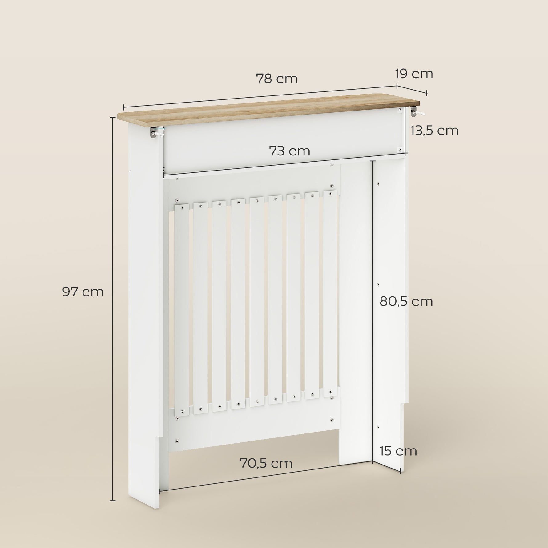 Cache-radiateur avec tiroir de rangement, meuble cache-radiateur en bois à lattes verticales, 78 x 19 x 97 cm, blanc