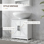 Meuble sous lavabo, meuble de salle de bain avec 2 portes magnétiques style grange et étagères, 60 x 30 x 60 cm, blanc