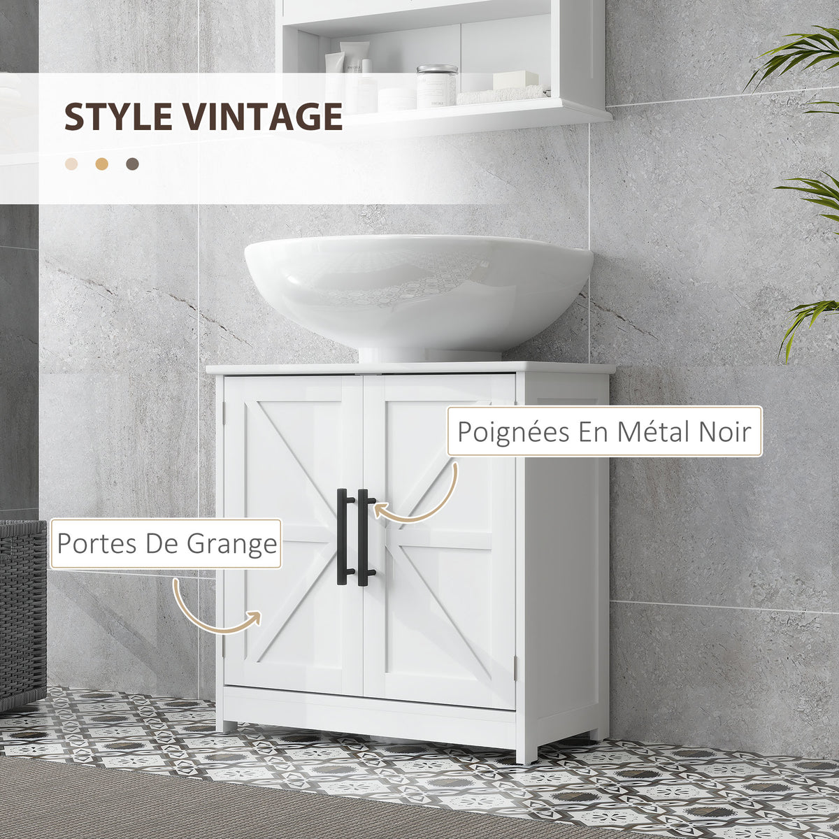 Meuble sous lavabo, meuble de salle de bain avec 2 portes magnétiques style grange et étagères, 60 x 30 x 60 cm, blanc