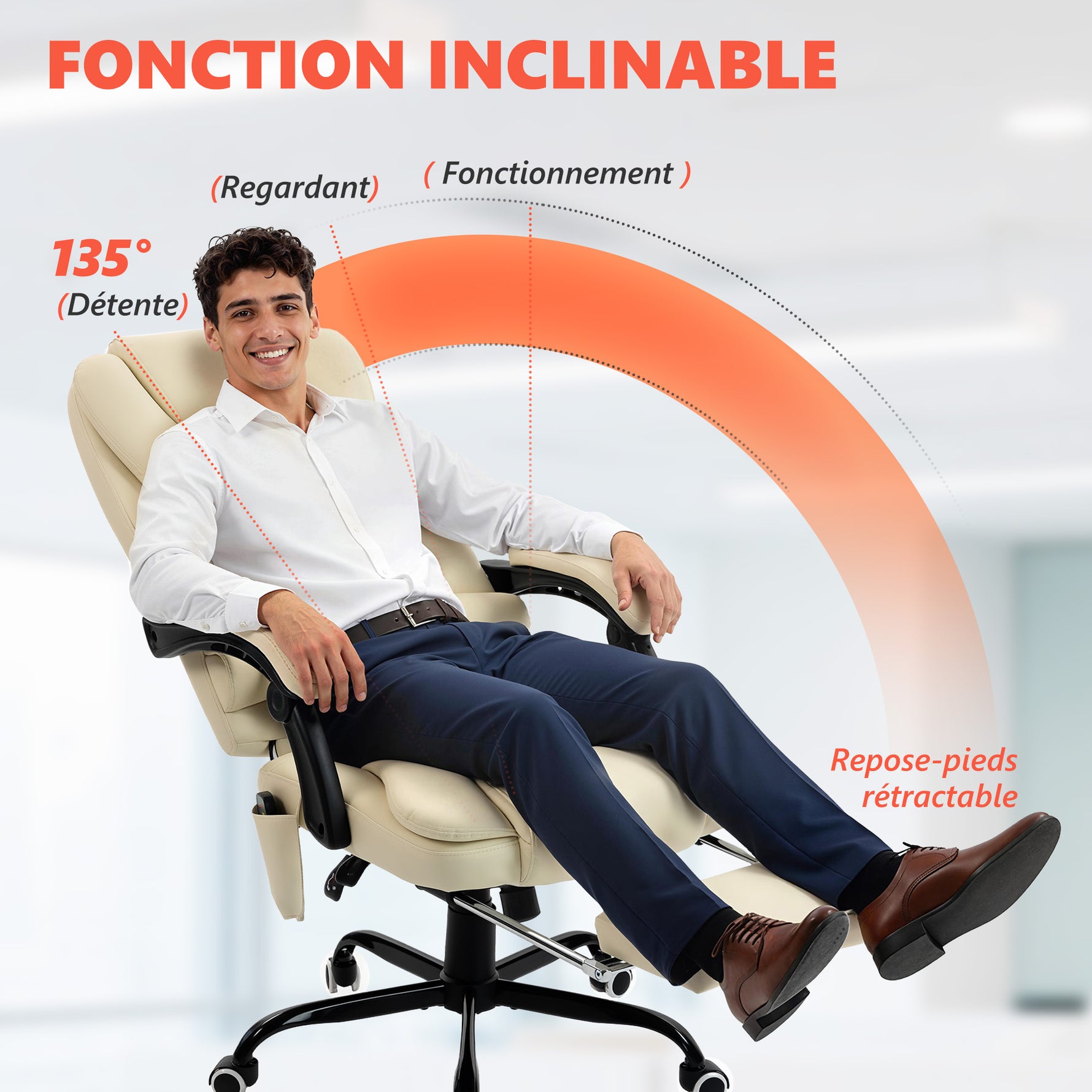 Fauteuil de bureau massant, chaise de bureau avec hauteur réglable, dossier inclinable et télécommande filaire, beige