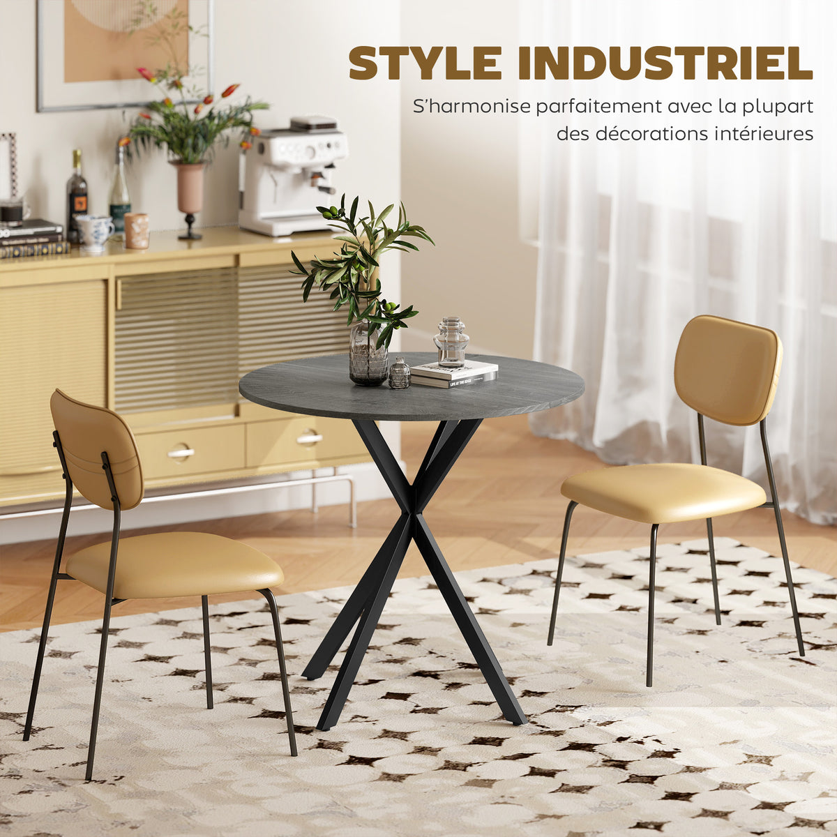 Table à Manger Ronde pour 2 Personnes avec Plateau Aspect Bois et Piètement Croisé en Acier, Gris