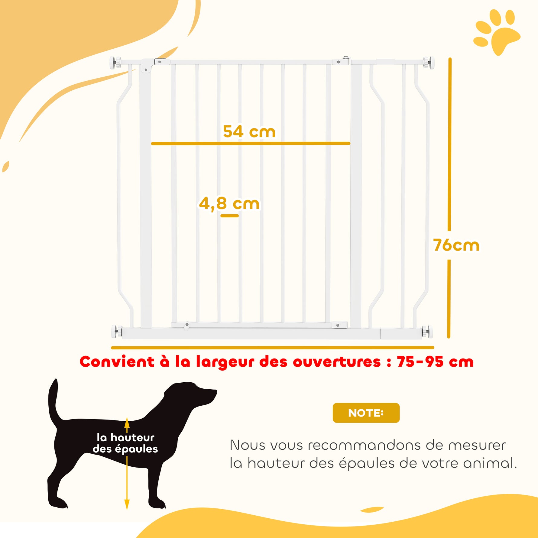 Barrière de sécurité chien barrière extensible 75-95 x 76 cm barrière escaliers couloirs portes sans perçage en acier et ABS blanc