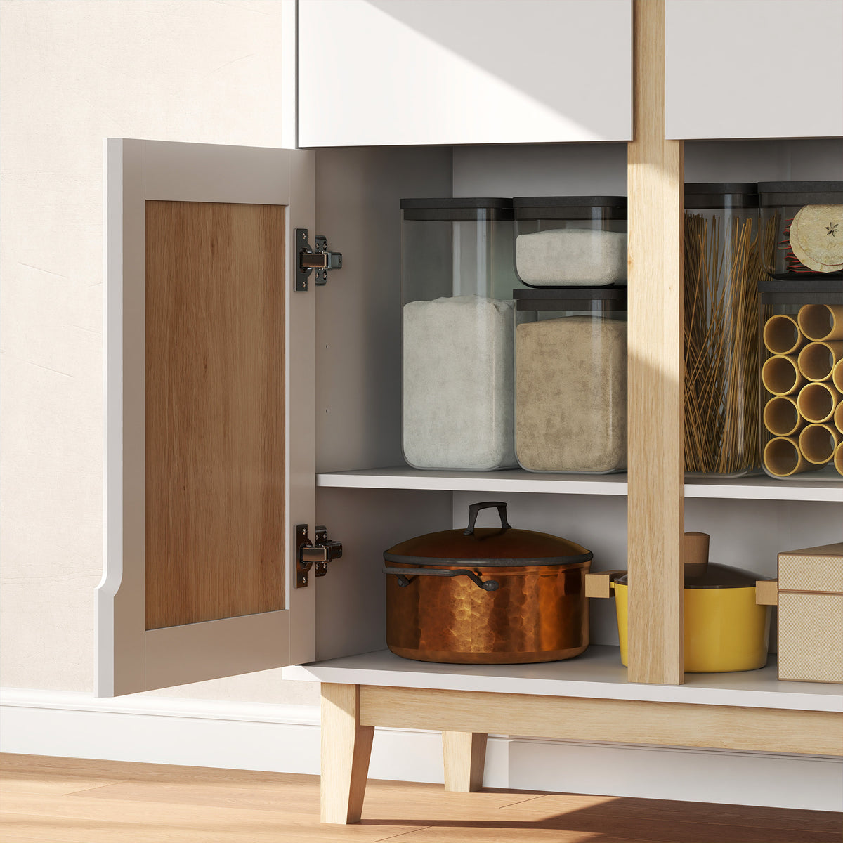 Buffet haut cuisine, armoire de cuisine avec 4 portes, 2 tiroirs et étagères réglables, 80x35x170cm, blanc et chêne