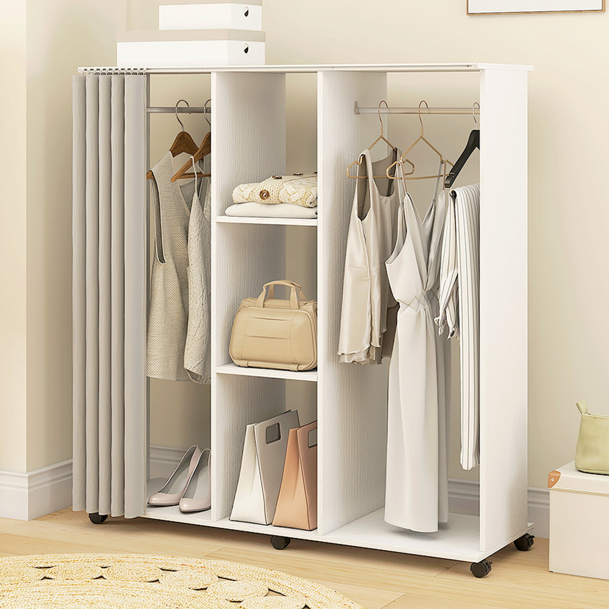 Armoire penderie Meuble de Rangement Mobile 6 roulettes 120L x 40l x 128H cm en bois blanc