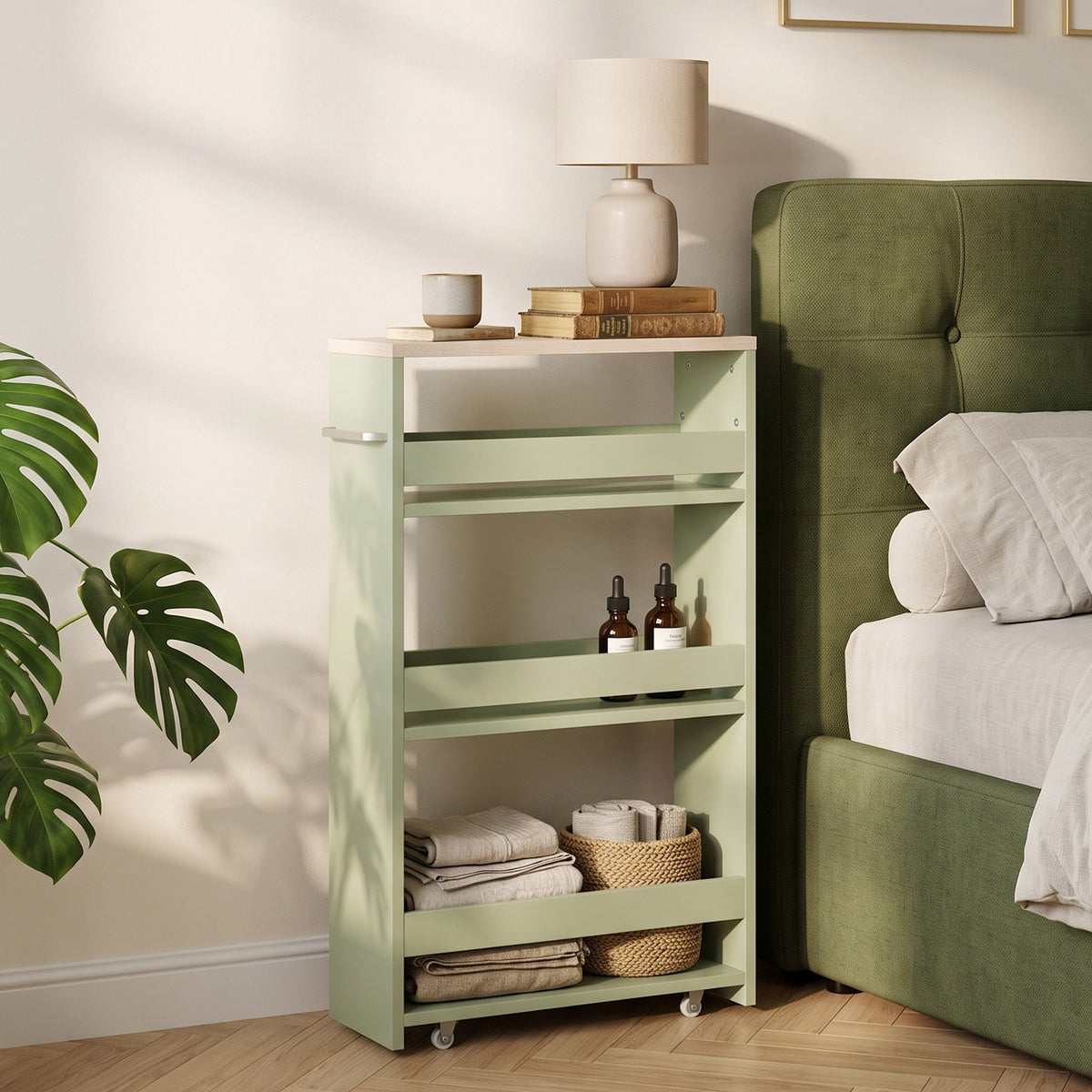 Carrello portaoggetti a 3 ripiani, carrello di stoccaggio con ruote e manico - 48 x 15 x 80 cm verde