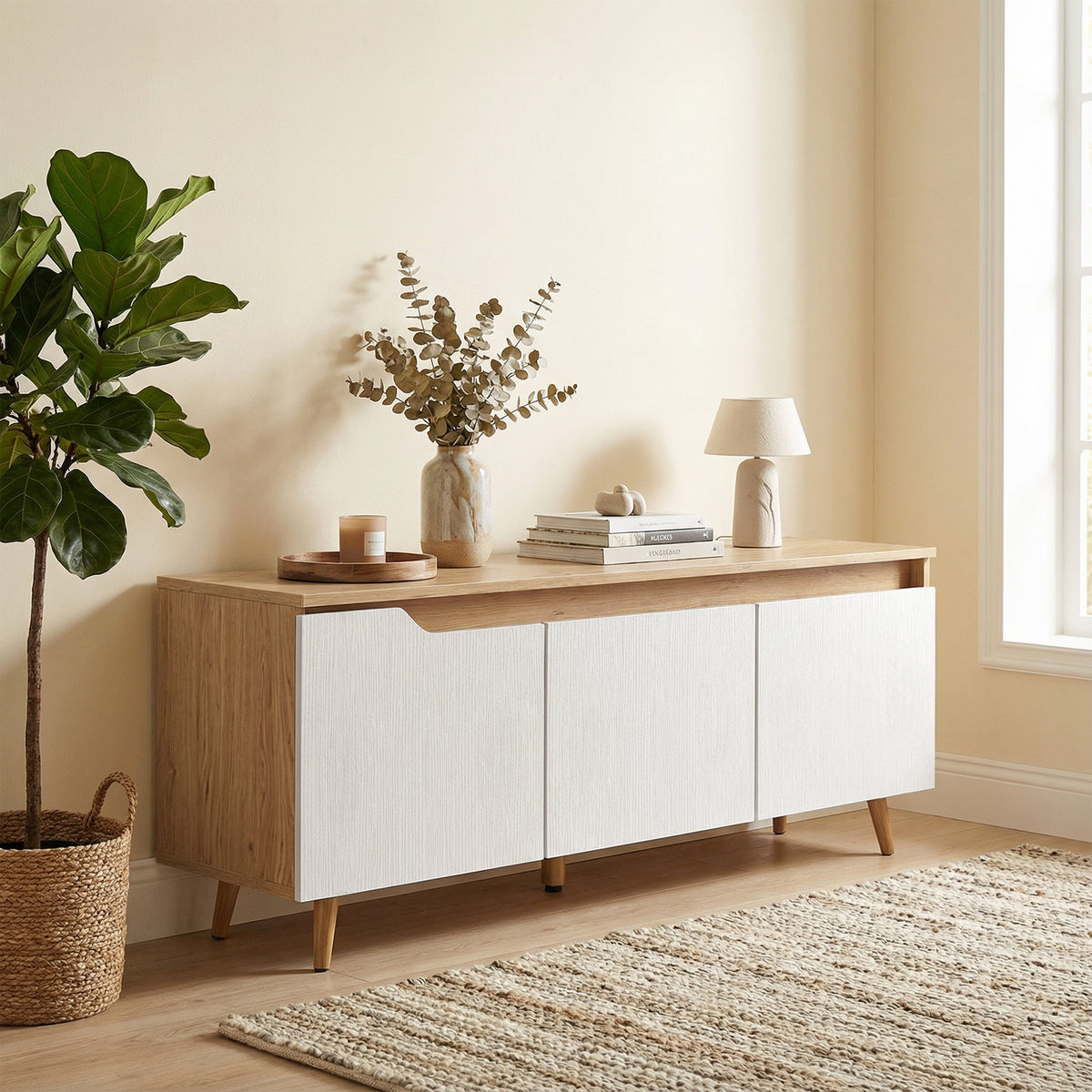 Meuble TV 120 cm, meuble télé pour téléviseur jusqu'à 55 pouces avec 3 portes, étagère réglable, chêne et blanc