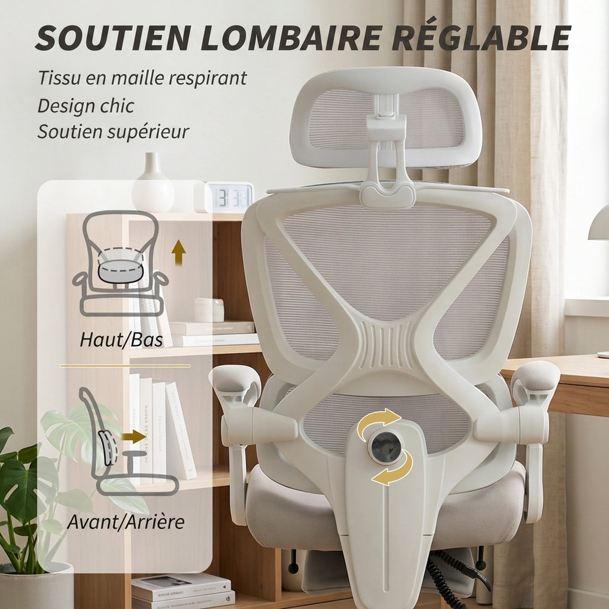 Chaise Bureau Ergonomique avec Appui-Tête Réglable, Fauteuil de Bureau Inclinable en Maille, Dossier Séparé, Gris