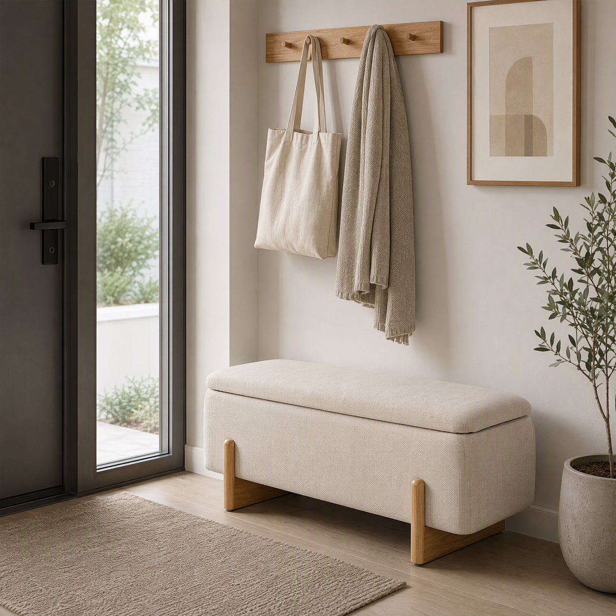 Panca contenitore, fondo letto imbottito, cerniere di sicurezza, gambe a U in legno di gomma stabile, crema