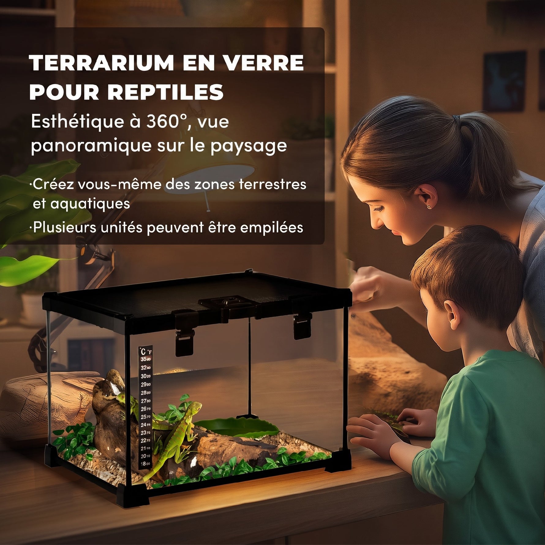 Boîte à Reptiles, Habitat de Terrarium Transparent, Couvercle Coulissant en Treillis Métallique, 30 x 30 x 20 cm, Noir