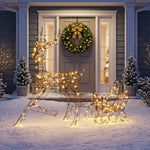 Renna di Natale con Slitta Luminosa 2 Pezzi in Rattan PP, 175 LED Bianco Caldo, 8 Modalità, Timer, 82x32x120cm, Marrone