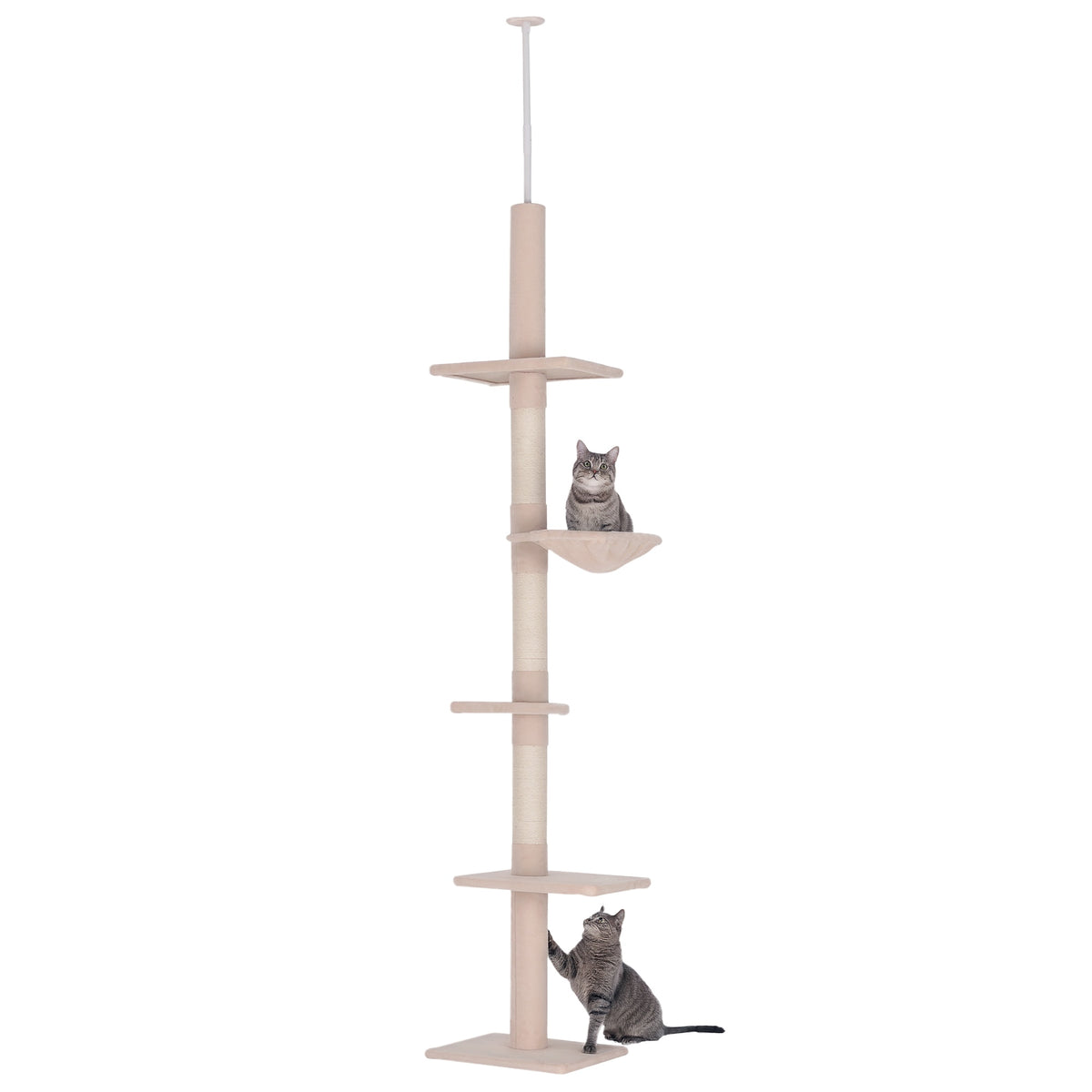 Deckenhoher Kratzbaum, Kratzstamm L 40 x B 34 x H 230-260 cm, 5 Aktivitätsebenen, beige
