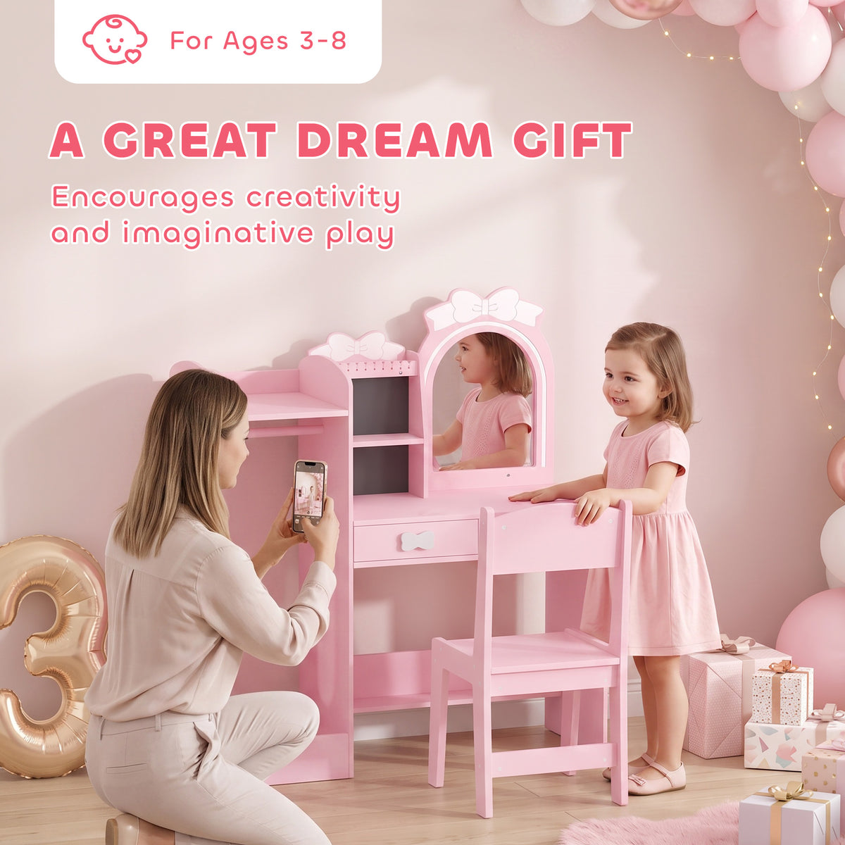 Coiffeuse pour Enfants avec Tabouret et Miroir Lumineux à 2 Couleurs en Acrylique, Coiffeuse Bureau Fille 3-8 Ans, Rose