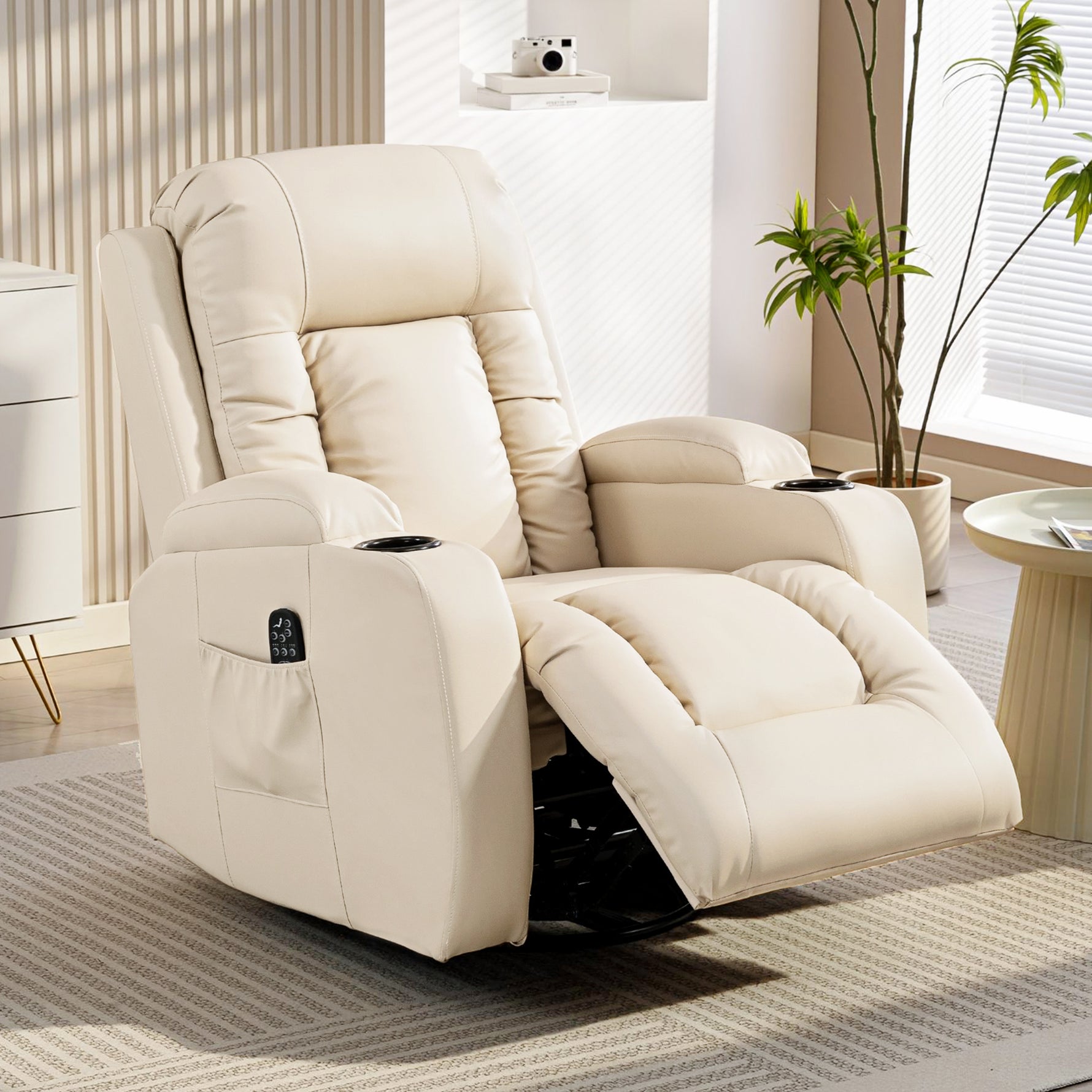 Fauteuil inclinable de massage et chauffage, fauteuil de relaxation, dossier réglable, pivotant 360°, 82x99x103cm, crème