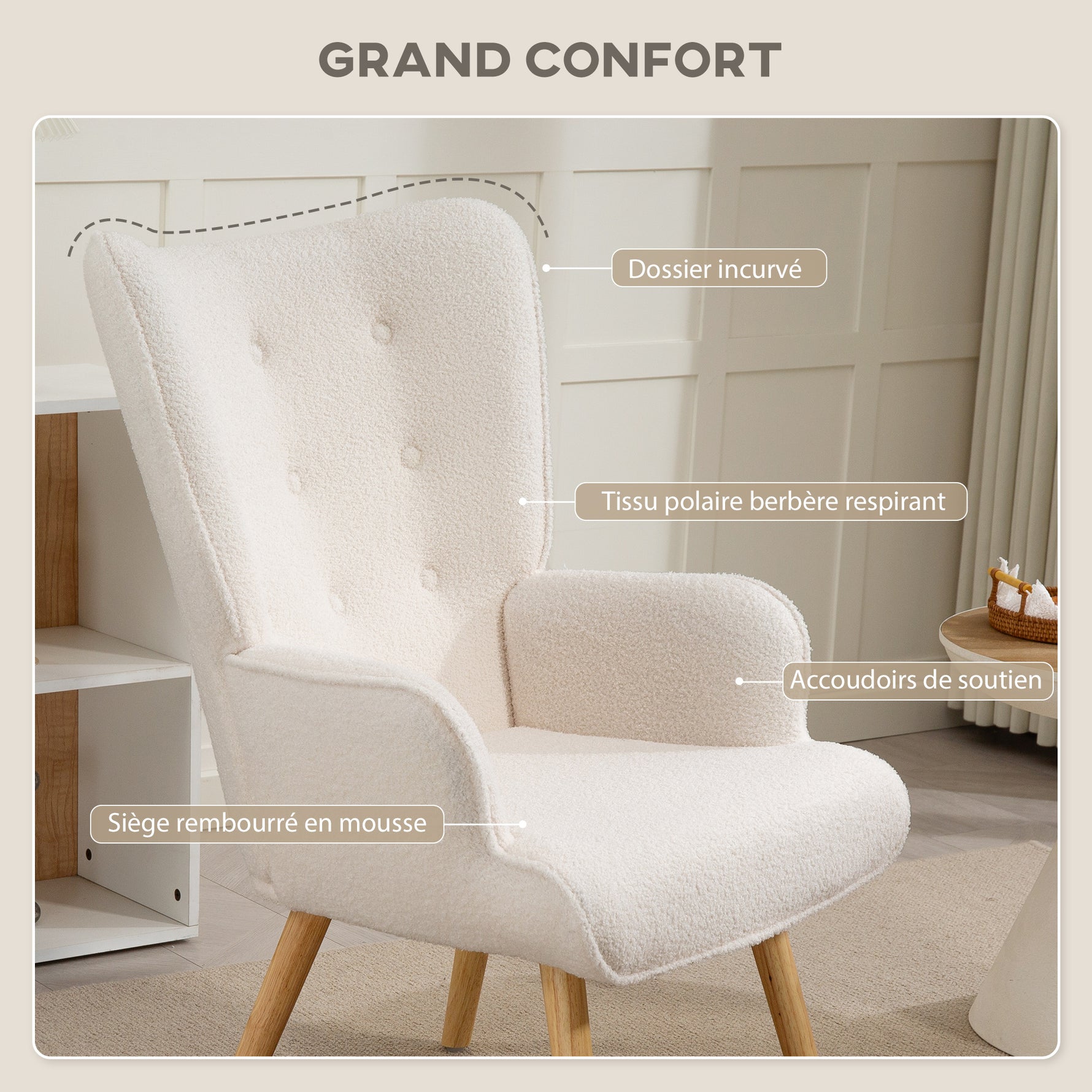 Fauteuil de salon en tissu bouclette, fauteuil capitonné et rembourré avec pieds en bois, 71 x 74 x 96 cm, beige