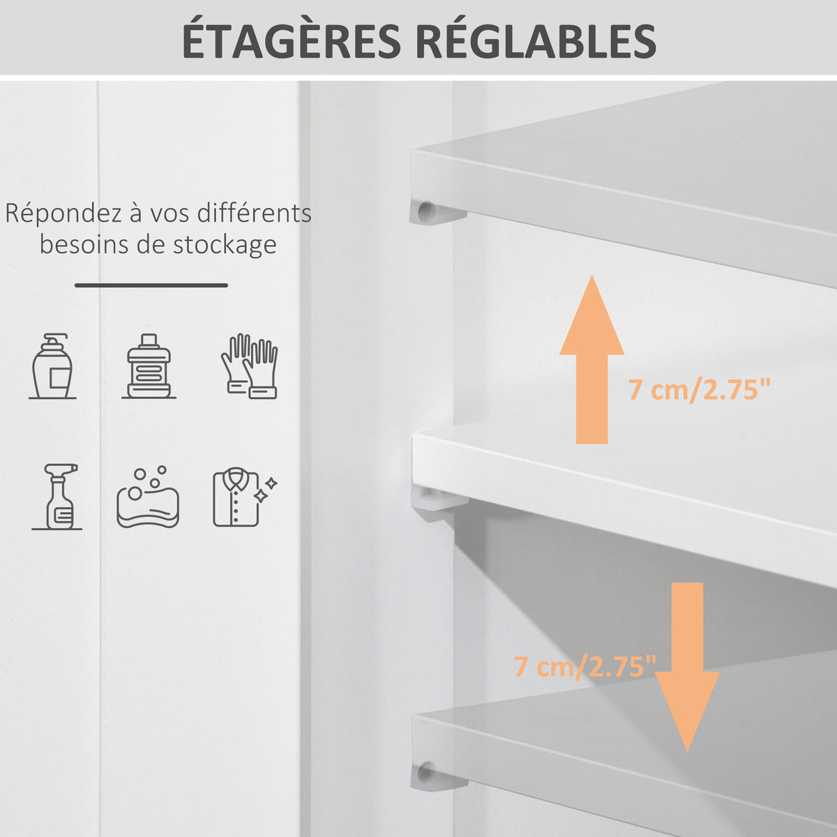 Meuble de salle de bain, meuble de rangement avec 2 tiroirs, niche, placard avec porte, étagère réglable, armoire de salle de bain, cuisine, salon, 60 x 30 x 109 cm, blanc
