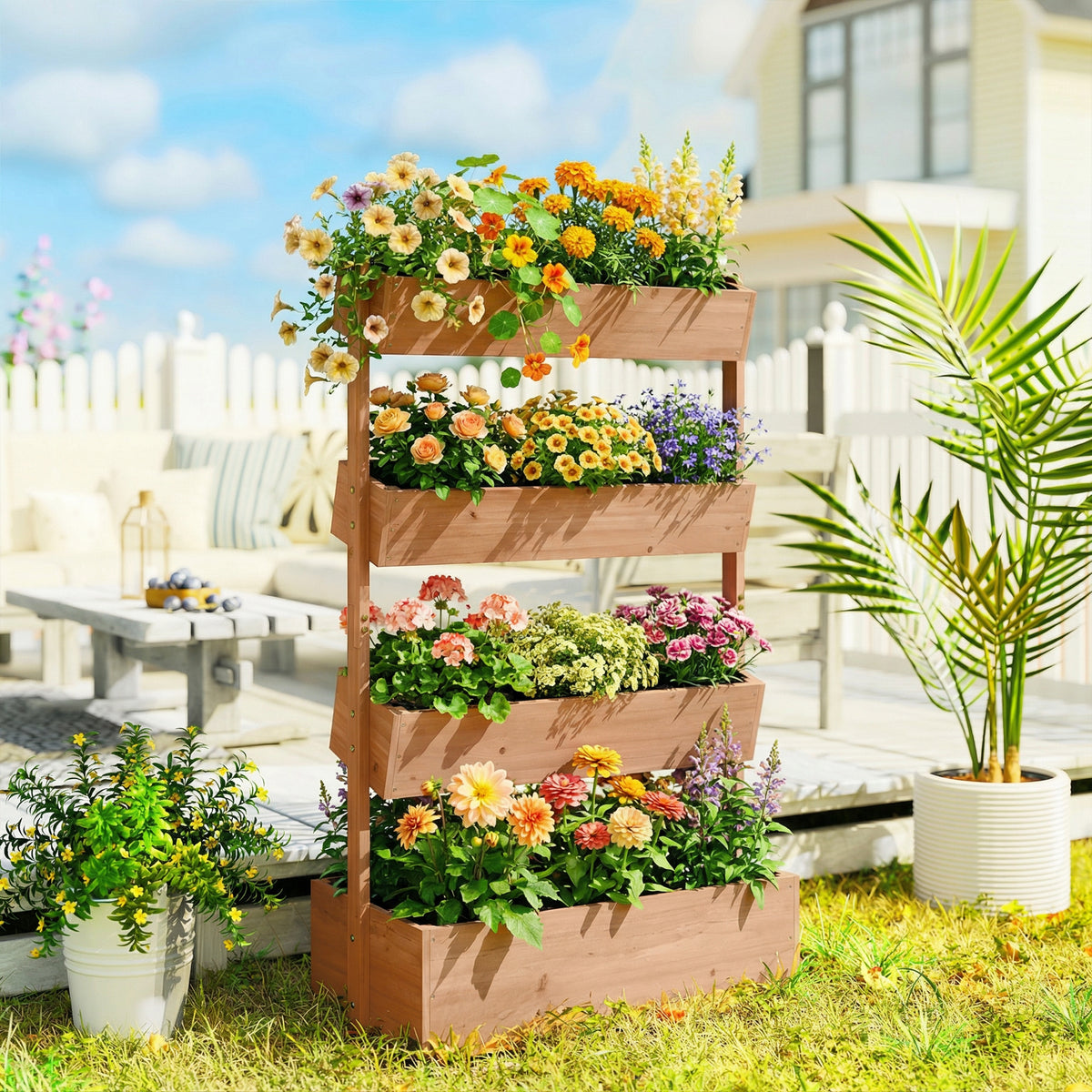 Jardinière Surélevée en Bois avec 4 Étages, avec Trous de Drainage et Doublure en Tissu, 85x45x140cm, Marron