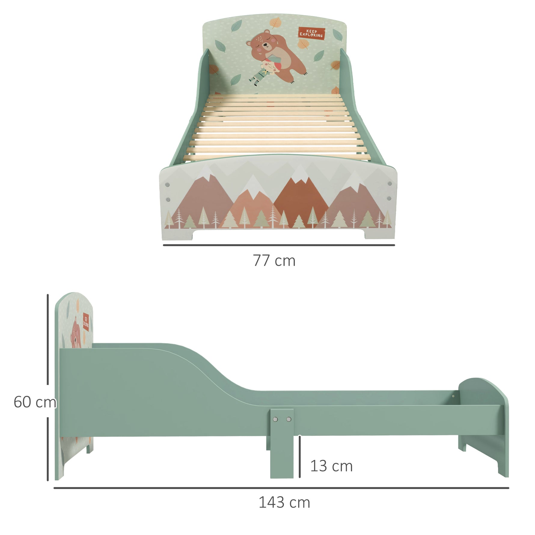 Lit pour enfant 3-6 ans avec barrières de sécurité et motifs dim. 77 x 143 x 60 cm sommier à lattes inclus - Vert