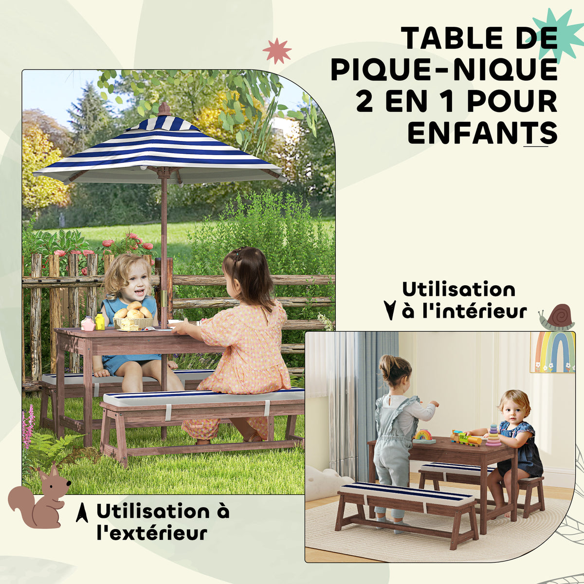 Ensemble salon de jardin extérieur enfant avec coussins et parasol amovible, rayé bleu marine et blanc