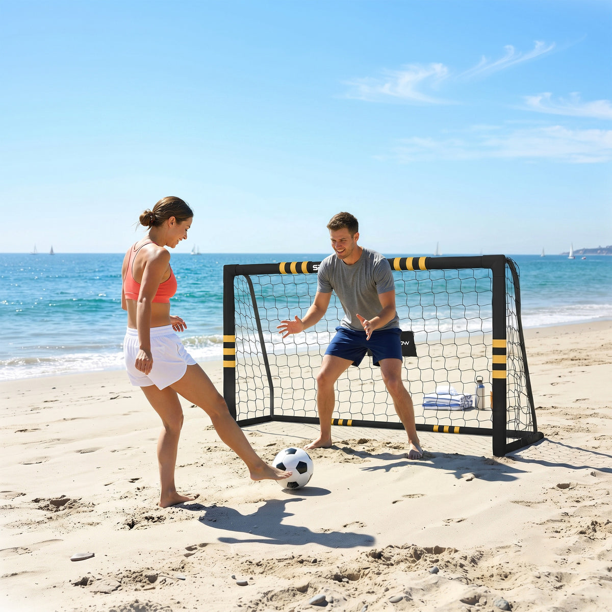 But de Football avec Mousse de Protection, 5 Piquets de Sol et Filet en PE, 180x60x120cm, Jaune