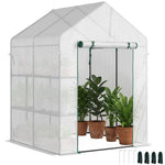 Serre de jardin PE avec étagères 2 niveaux, serre de balcon, bâche renforcée 140 g/m², châssis en acier, porte zippée enroulable, pour légumes plantes fleurs, 143x143x195cm, blanc